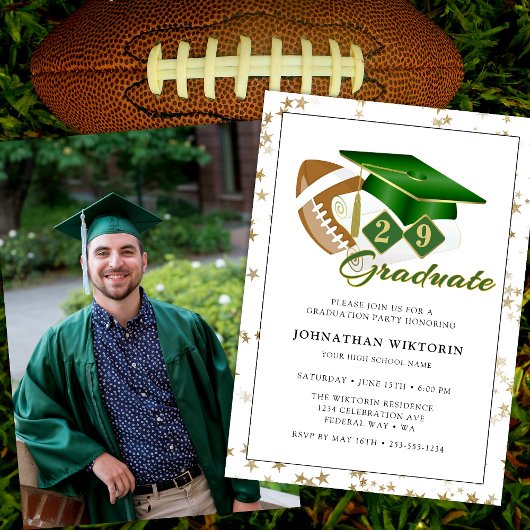Invitation Bac de graduation classique Vert Gold Football pho