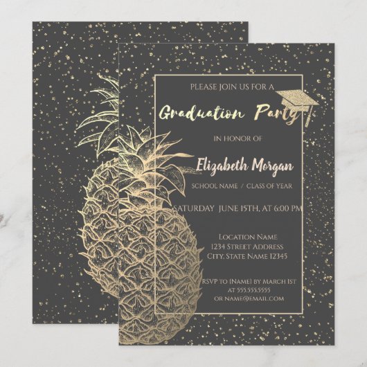 Invitation Bac de graduation de parties scintillant, Ananas G (Devant / Derrière)