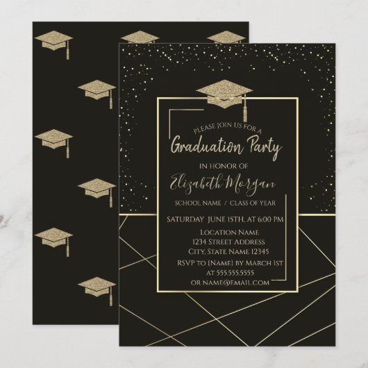 Invitation Bac de graduation d'or Géométrique Noir Graduation (Devant / Derrière)