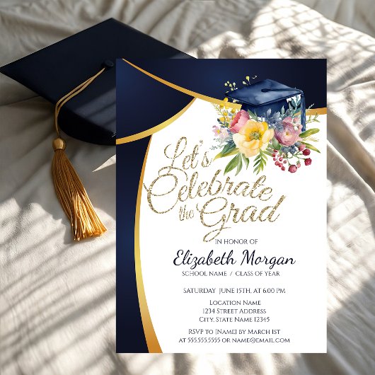 Invitation Bac de graduation florale, Bleu Graduation