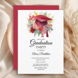 Invitation Bac de graduation rouge Pink Floral Graduation