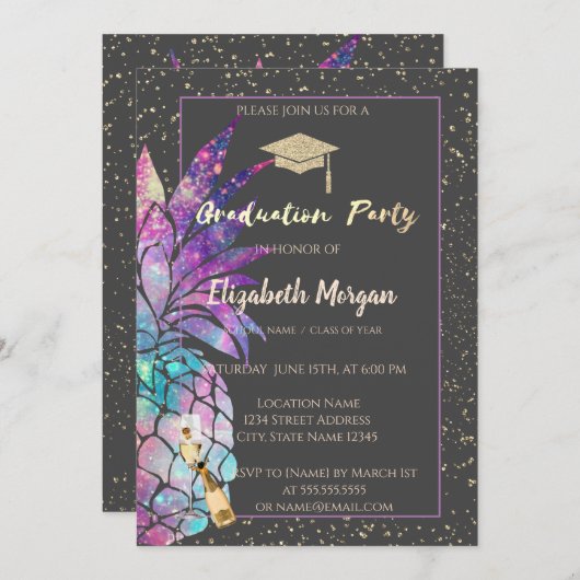 Invitation Bac de parties scintillant, Confetti, Vin, Ananas (Devant / Derrière)