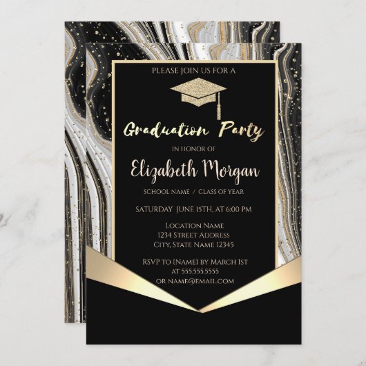 Invitation Bac de parties scintillant, Marbre Noir Confetti (Devant / Derrière)