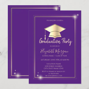 Invitation Baccalauréat en violet Casquette simple cadre d'or