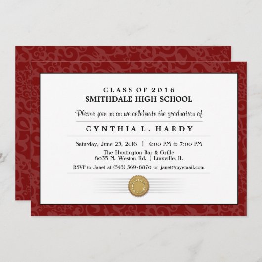 Invitation Baccalauréat Maroon Red Border (Devant / Derrière)