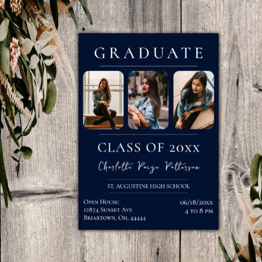 Invitation Baccalauréat simple en trois photos | bleu marine
