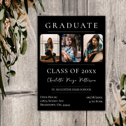 Invitation Baccalauréat simple en trois photos | Noir