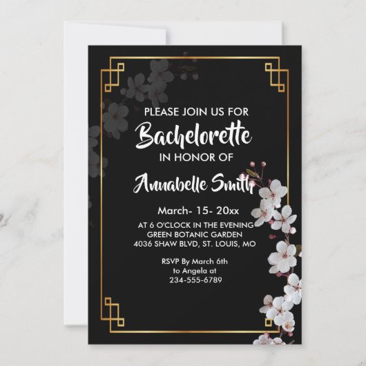 Invitation Bachelor blanc cerisier & doré Frame (Devant)