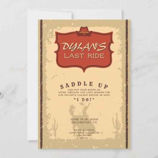 Invitation Bachelor Dernier Ride Western Cowboy Texas Adventu (Devant)