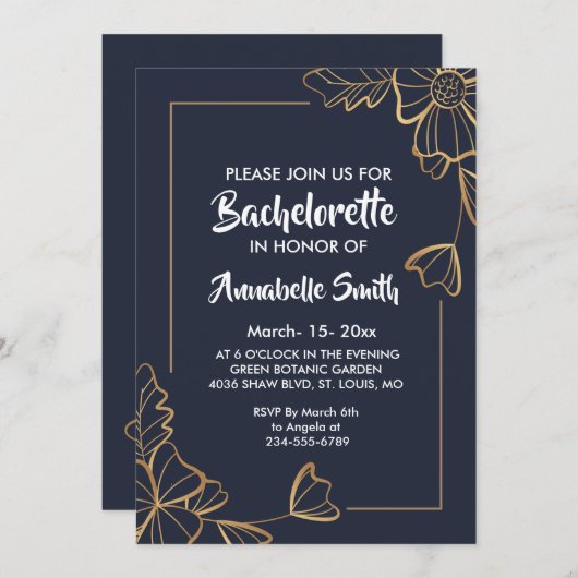 Invitation Bachelor fleuri or et marine (Devant / Derrière)