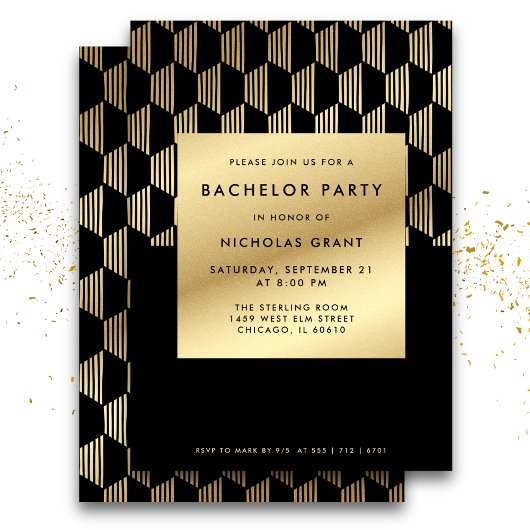 Invitation Bachelor Party moderne Black and Gold Foil