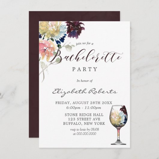 Invitation Bachelorée Blush Pink Peony de la marine de Bourgo (Devant / Derrière)