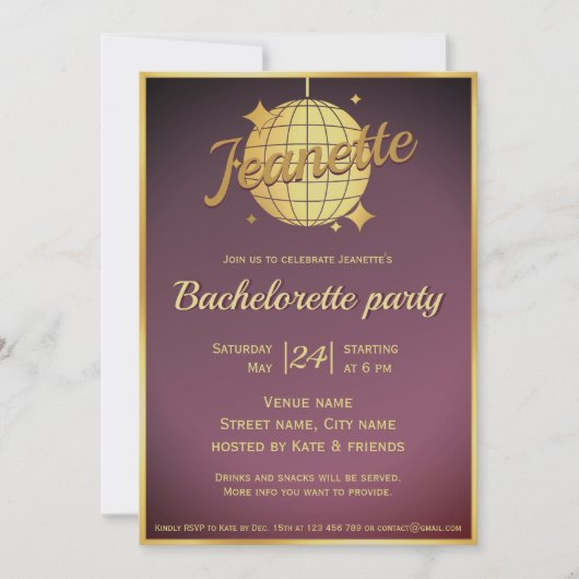 Invitation Bachelorée de la disco or Lavender (Devant)