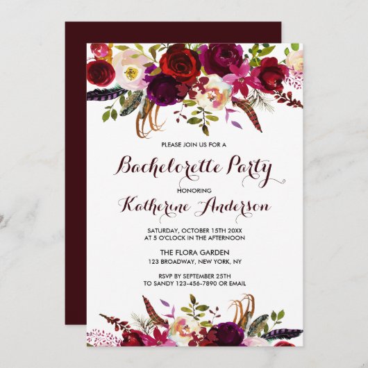 Invitation Bachelorée Florale de Marsala Boho de Bourgogne (Devant / Derrière)