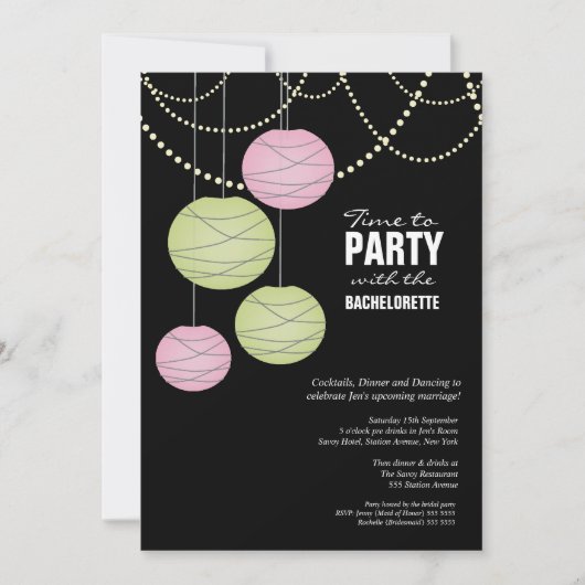 Invitation Bachelorette 5x7 Fête Pink Livre vert Lanternes (Devant)