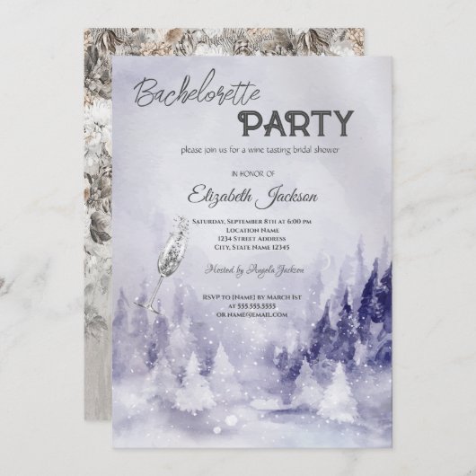 Invitation Bachelorette à neige violet hiver paysage (Devant / Derrière)