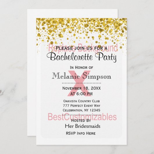 Invitation Bachelorette avec Modèle Gold Confetti (Devant / Derrière)
