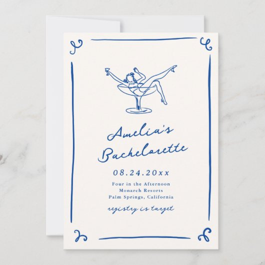 Invitation Bachelorette Bleue Bleue Marine Levée Main Whimsic (Devant)