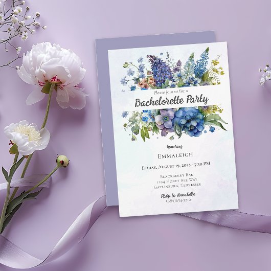Invitation Bachelorette Bohême Bleue Violet Aquarelle