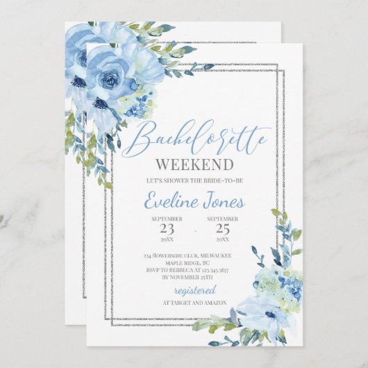Invitation Bachelorette Boho bleu foncé à cadre argenté (Devant / Derrière)