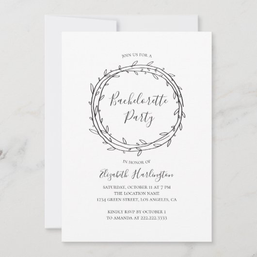 Invitation Bachelorette botanique. Noir et blanc (Devant)