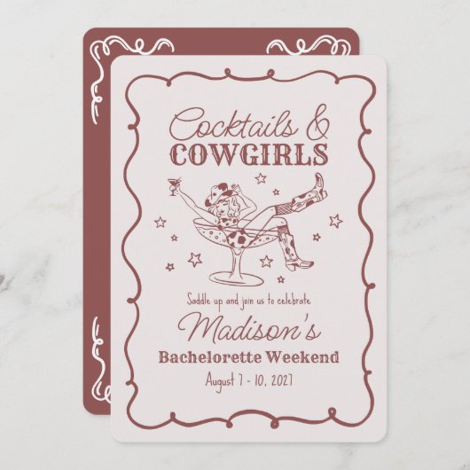 Invitation Bachelorette Burgundy Cocktail and Cowgirls Bash (Devant / Derrière)