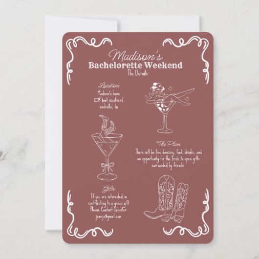 Invitation Bachelorette Burgundy Cocktail and Cowgirls Bash (Dos)
