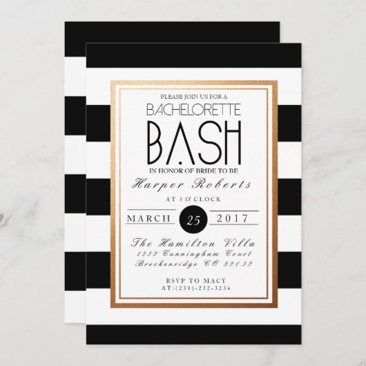 Invitation Bachelorette Chic & Formel | Or et noir (Devant / Derrière)