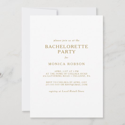 Invitation Bachelorette classique minimaliste or (Devant)