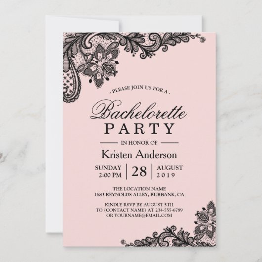 Invitation Bachelorette Classy Rose Black Lace (Devant)