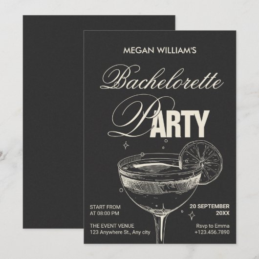 Invitation Bachelorette cocktail noir rétro (Devant / Derrière)