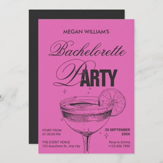 Invitation Bachelorette cocktail noir rose rétro (Devant / Derrière)
