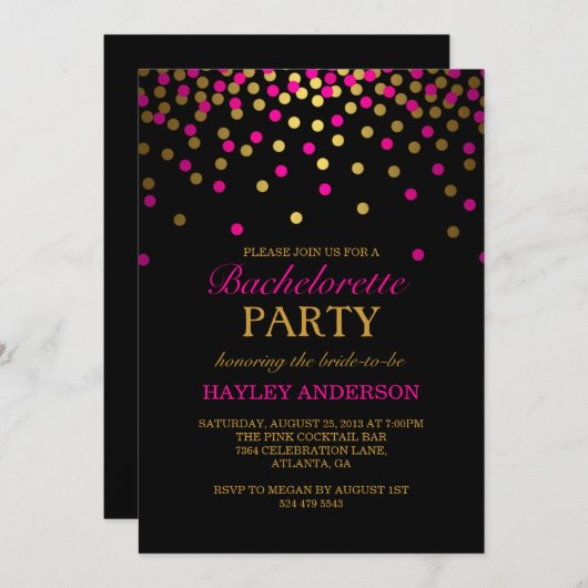 Invitation Bachelorette Confetti Rose & Or (Devant / Derrière)