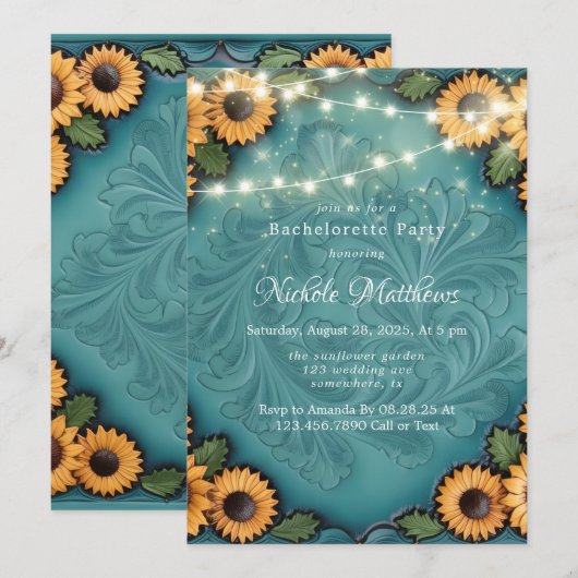 Invitation Bachelorette de tournesol en cuir turquoise (Devant / Derrière)