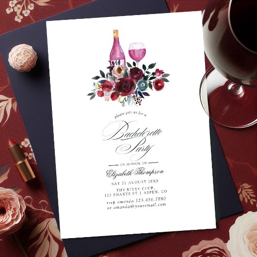 Invitation Bachelorette de vin de Bourgogne et Navy Floral