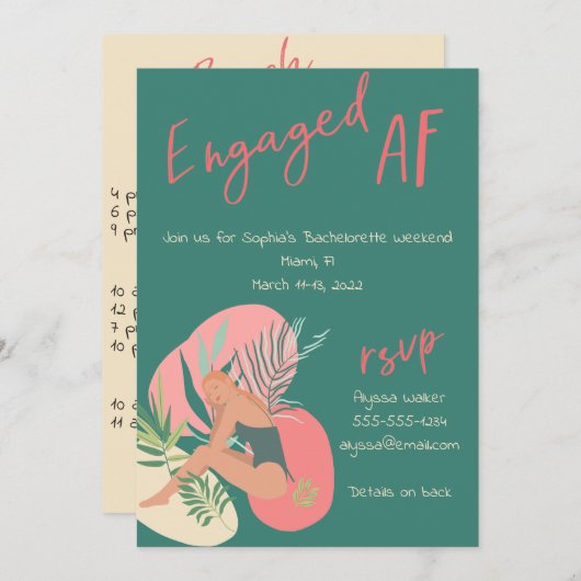 Invitation Bachelorette d'été AF vert et rose  (Devant / Derrière)