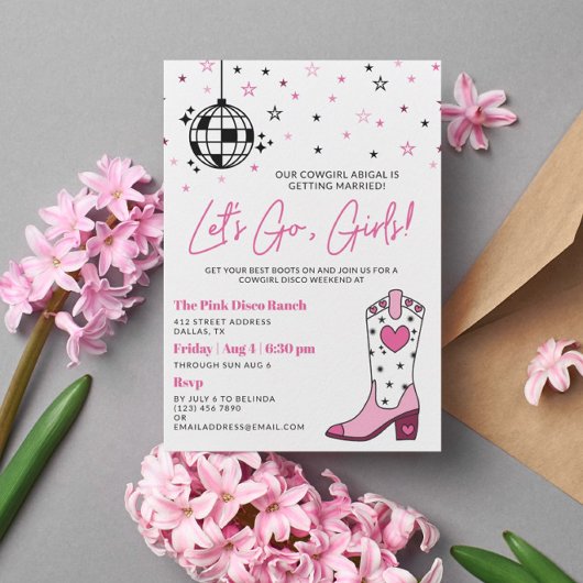 Invitation Bachelorette Disco de fille blanche rose