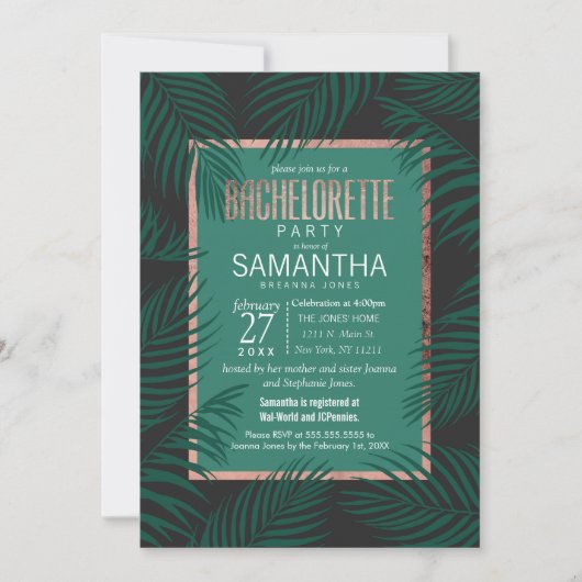 Invitation Bachelorette d'or en feuilles de palmier vert Rose (Devant)
