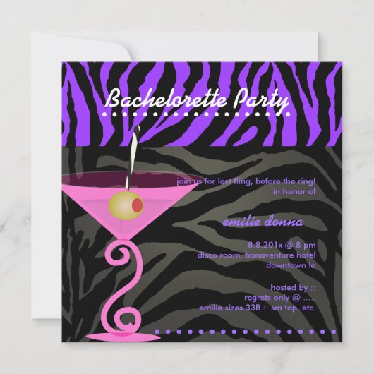 Invitation Bachelorette du martini rose et zèbre pourpre (Devant)