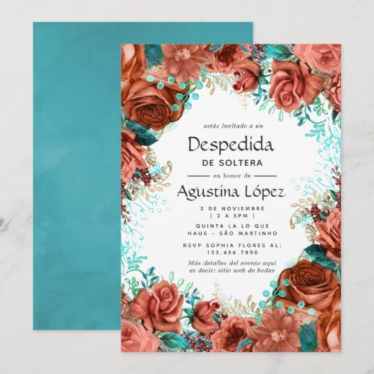 Invitation Bachelorette espagnole Turquoise et Coral Floral (Devant / Derrière)