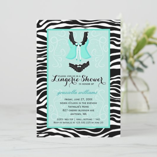 Invitation Bachelorette Fancy Wild Aqua Zebra Lingerie (Debout devant)