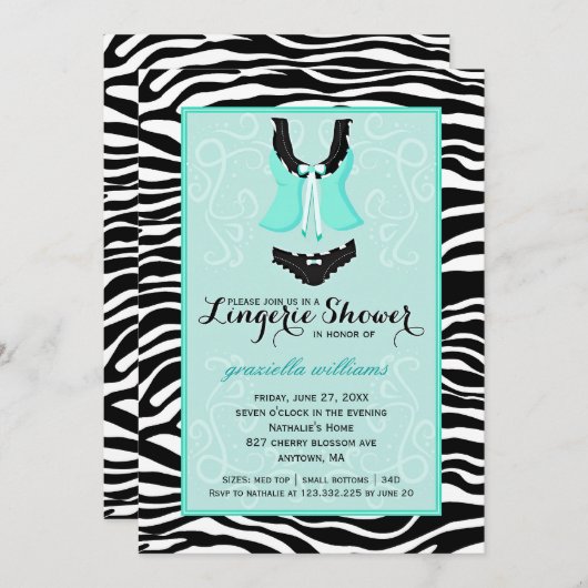 Invitation Bachelorette Fancy Wild Aqua Zebra Lingerie (Devant / Derrière)