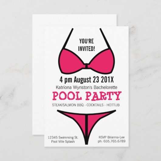 Invitation Bachelorette féminine de Bikini rose chaud (Devant / Derrière)