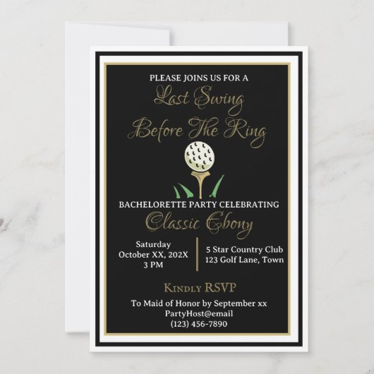 Invitation Bachelorette Fête des mariées Golf Black Gold (Devant)