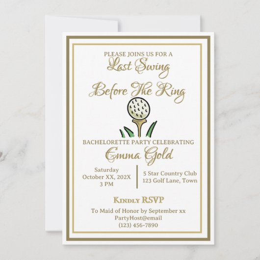 Invitation Bachelorette Fête des mariées Golf Gold & White (Devant)
