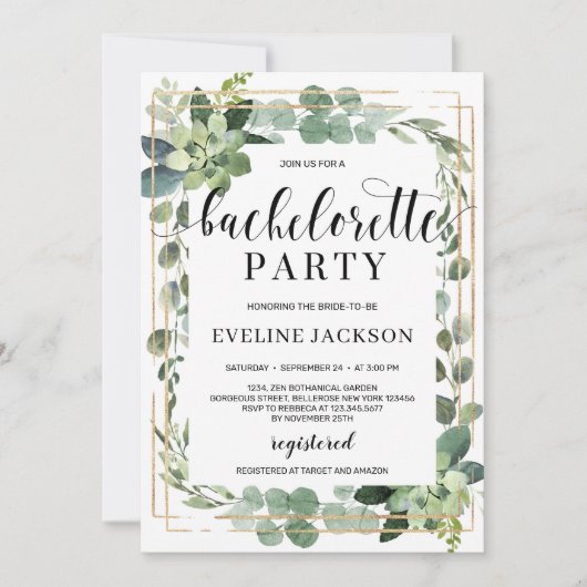 Invitation Bachelorette feuillage succulent rustique (Devant)