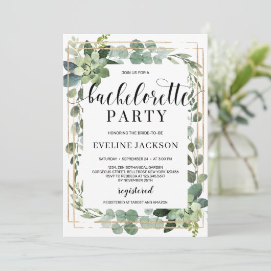 Invitation Bachelorette feuillage succulent rustique (Debout devant)