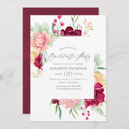 Invitation Bachelorette Florale Bourgogne et Blush (Devant / Derrière)