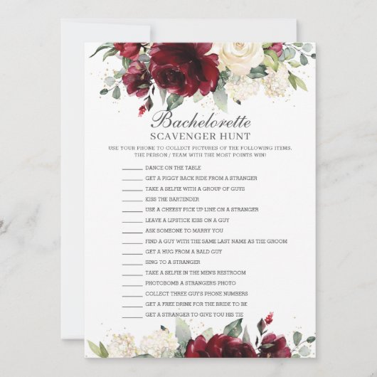 Invitation Bachelorette Florale Bourgogne Jeu de chasse au tr (Devant)