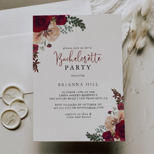 Invitation Bachelorette florale rose de Bourgogne